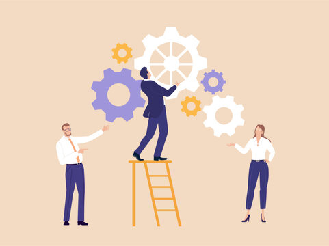 Business professionals working together with interconnected gears, symbolizing teamwork, coordination, productivity, problem solving, business processes, and efficient collaboration in a corporate env