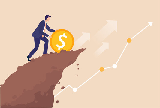 Businessman Rolling Golden Coin Up Cliff, symbolizing determination, financial ambition, investment, wealth creation, perseverance, and overcoming challenges to achieve business success.