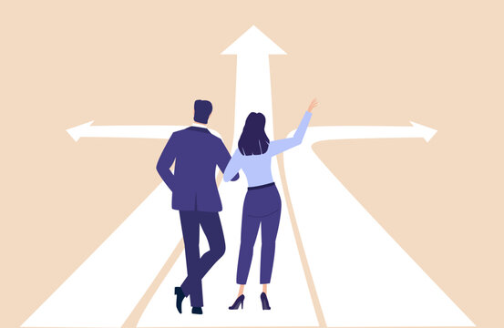 Business professionals standing before a path with arrows pointing in three directions, symbolizing decision making, strategic planning, risk assessment, leadership, uncertainty, and choosing the best