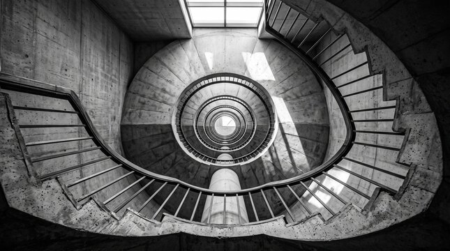Low angle view of a modern spiral staircase made of concrete with a central pillar and metal railings