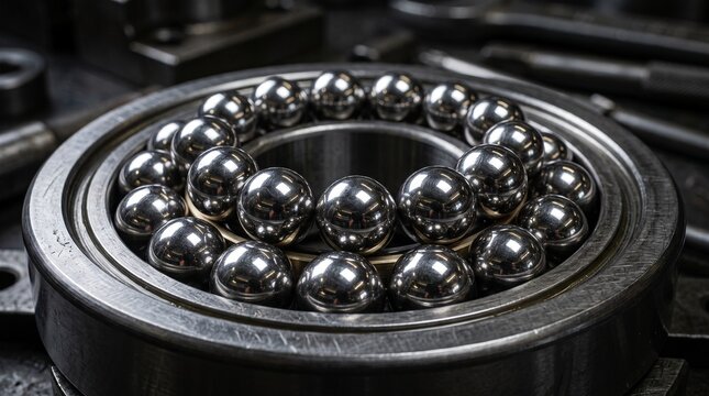 Closeup of a metal ball bearing assembly on a dark workshop workbench