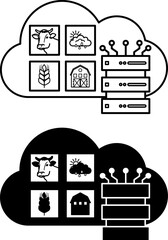 Cloud Farm Data Storage Icons. Storing Farm Management Information on Remote Servers. Cloud, Database, Cow, Weather, Wheat, and Barn. Agrotechnology and Smart Farming Concept © Yuliia