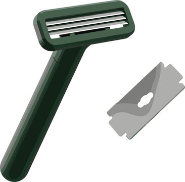 Green plastic razor next to a double edge metal razorblade for men grooming isolated vector illustration