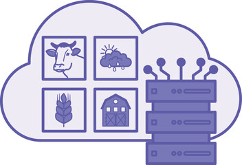 Purple Cloud Farm Data Storage Icon. Vector Illustration. Storing Farm Management Information on Remote Servers. Cloud, Database, Cow, Weather, Wheat, and Barn. Smart Farming Concept © Yuliia