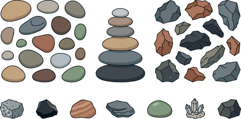 Stone and Rock Icon Set Vector Illustration with Pebble, Balanced Cairn Stack, Boulder and Crystal Flat Design Collection for Nature and Zen Garden © MdMoymul
