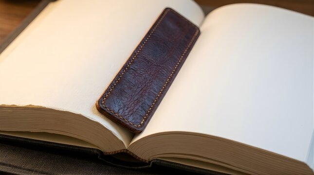 Handmade brown leather bookmark resting on open blank pages of a book