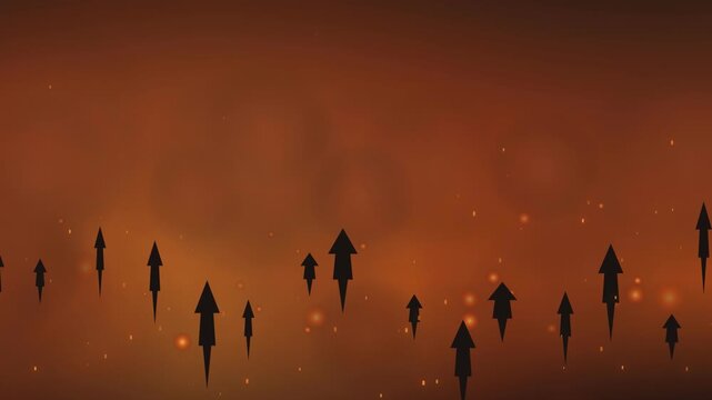 Dynamic footage of rockets ascending against a blazing orange backdrop, illuminated by scattered glowing embers.