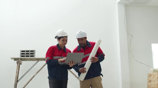 Construction inspectors and engineer discussing project details at an unfinished building site, teamwork, communication, safety compliance, site supervision, safety, construction project management.