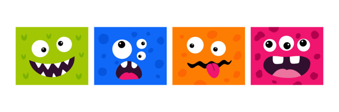Monster face set. Square alien creature icons. Funny monster expressions with eyes teeth open mouth tongue. Halloween character avatar set