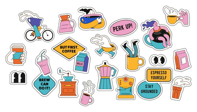 Coffee stickers set with creative slogans and cafe elements, stickers
