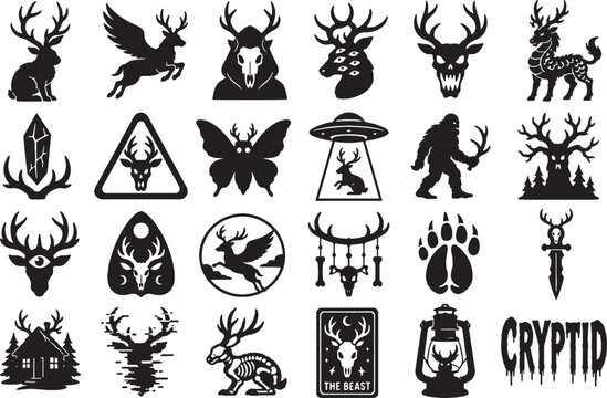 Cryptid Mythical Antlered Beast Jackalope Creepy Folklore Icon Set - Minimalist Vectors