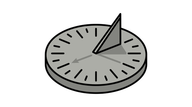 Vector illustration of a sundial with gnomon casting a shadow, indicating time on a marked dial, isolated on white background.