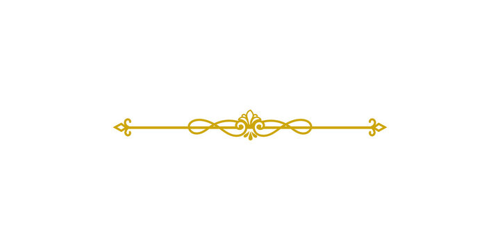 Golden ornate decorative line divider with elegant scroll work and central flourish, isolated on transparent background