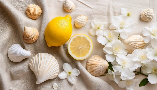 Soft Summer Flat Lay With White Flowers Seashells Lemon And Linen Fabric