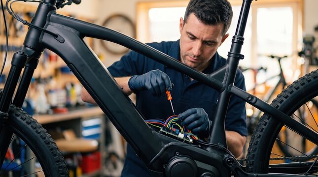 Man fixing an electric bicycle with tools