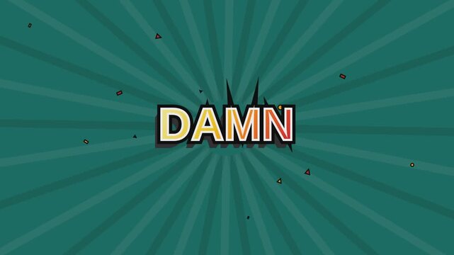 Bold yellow DAMN text in cartoon explosion cloud over green rays backdrop. Animated pop art motion graphic for social media and reaction videos.
