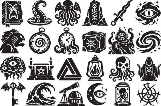 Eldritch Lovecraftian Cosmic Horror Cult Icon Set - Minimalist Vectors