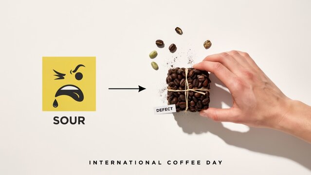 Hand Pouring Coffee Beans Near a Sour Emotion Symbol for International Coffee Day