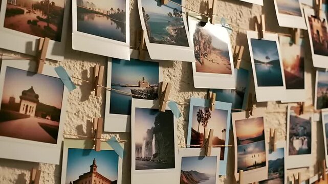 Summer hot vibe lifestyle. A collection of polaroid photographs hangs on a textured wall. The photographs are arranged in a gridlike pattern, each with a unique color and design.