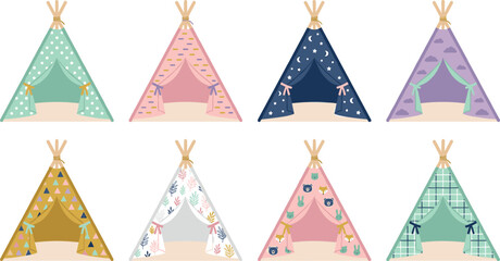 Kids Teepee Tent Icon Set Vector Illustration with Colorful Pattern Play Tent, Star, Cloud and Floral Design Flat Collection for Nursery Decor © MdMoymul
