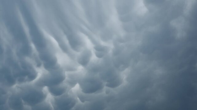 Timelapse of pillowy Mammatus Clouds moving across the sky in shades of blue-gray
