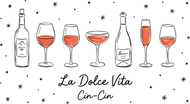 Italian wine bottles and glasses vector set featuring La Dolce Vita Cin Cin party text illustration