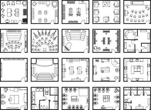 An architectural collection of floor plans showcasing various room layouts for houses, offices, and event spaces, rendered in a clear and organized schematic style.