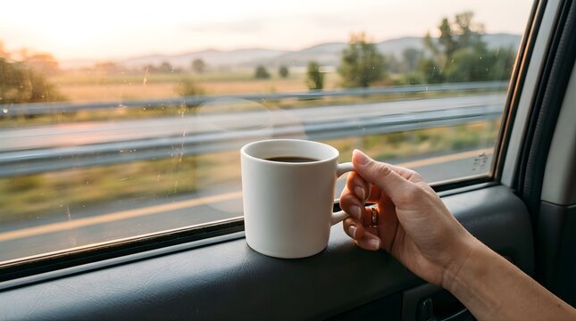 Person holding a coffee mug inside a car during a road trip at sunset