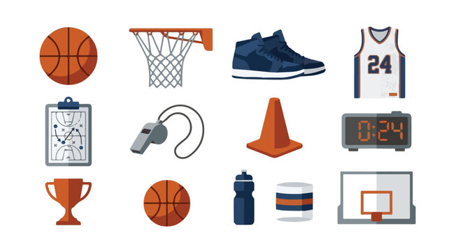 sports equipment and gear including basketball shoes water bottle and scoreboard on transparent background