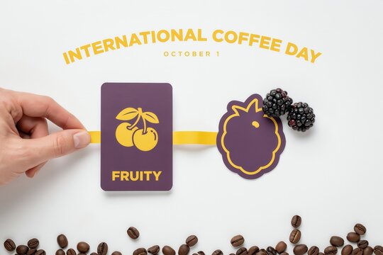 International Coffee Day celebration on October 1 featuring fruity coffee flavors with beans and a creative tab design.
