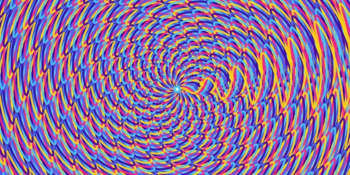 Psychedelic spiral pattern with colorful wavy lines radiating from a bright central point.