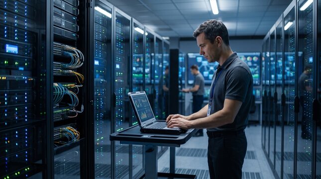 IT Engineer Working on Laptop in Enterprise Server Room