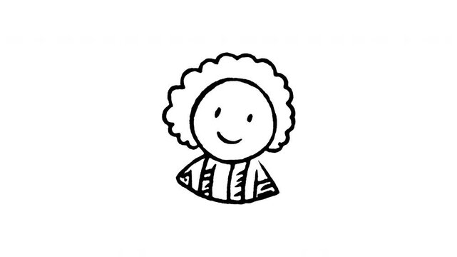 4K animated woman avatar wearing vertical striped shirt doodle icon. Frame by frame line art on black and green screen chroma key background for female character, fashion, and business casual edits.