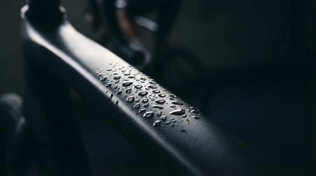 Rain drops on a black carbon fiber bicycle frame in low light