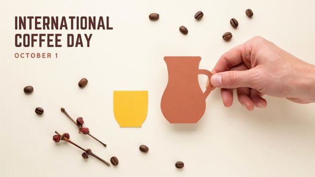 Celebrating International Coffee Day with a cup, pour-over, and scattered beans in a minimalist design.