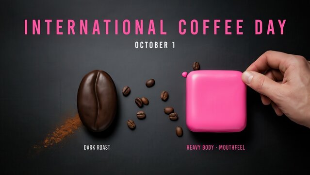 International Coffee Day Celebration Featuring a Dark Roast Coffee Bean and a Pink Portable Espresso Maker
