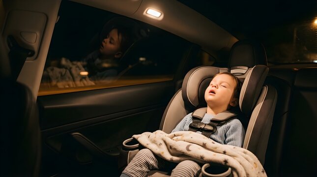 Sleeping toddler in car seat during night travel