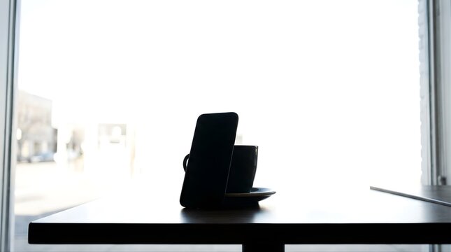 Smartphone and coffee cup silhouette on table against bright window