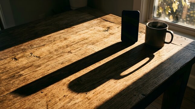 Smartphone and coffee mug on rustic wooden table with morning sunlight