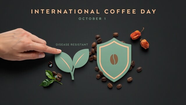 International Coffee Day celebration with coffee beans, leaves, and spices on dark background