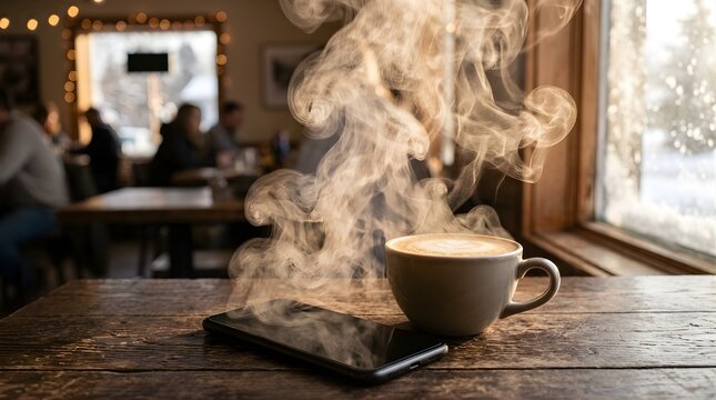 Steaming cup of coffee and smartphone on a rustic wooden table in cafe
