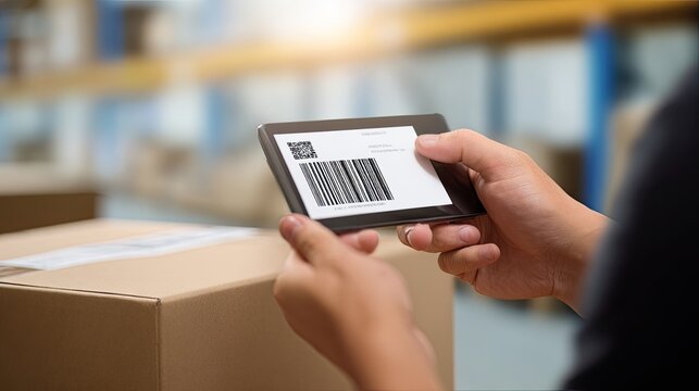 Hand using a smartphone to scan a barcode label on a cardboard parcel, logistics tracking, delivery technology, warehouse inventory, shipment management