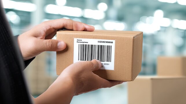 Hand checking a barcode on a small cardboard box, package identification, logistics control, delivery tracking, warehouse inventory management