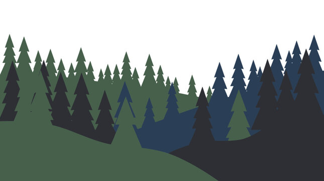 Flat Vector Landscape Illustration of a Camping Themed Forest Silhouette with Pine Trees