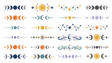 Celestial moon phases and mystical sun ornaments in boho style art. © SABIKUNNAHAR