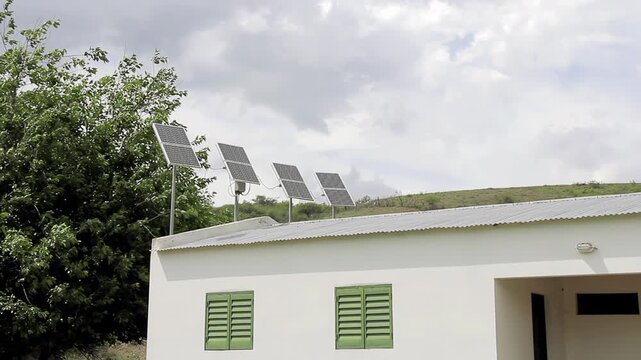 Solar Panels on Roof of Rural School Building in Argentina - 4K