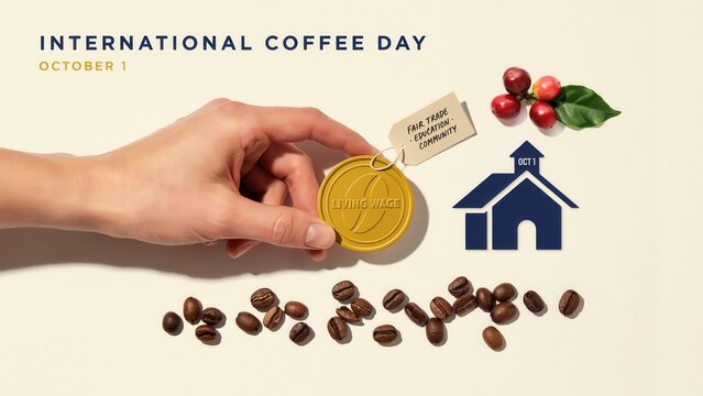 Celebrating International Coffee Day on October 1 with coffee beans and a pointing hand graphic.
