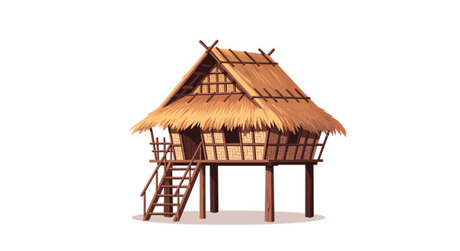 Traditional tropical stilt house hut with a thatched roof and wooden staircase isolated on white background.