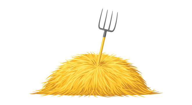 Agricultural pitchfork stuck in a golden yellow haystack bundle cartoon illustration isolated on white background.