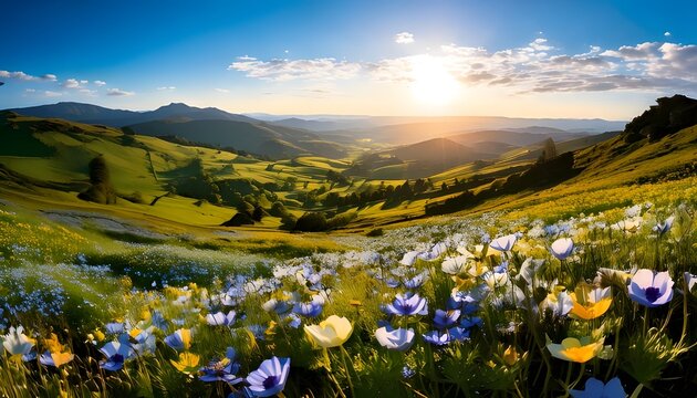 Breathtaking panoramic sunset over a wildflower meadow in a rolling landscape.